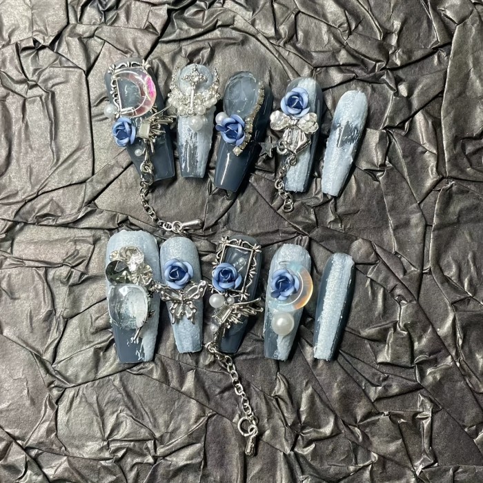 10pcs Handcrafted Blue Glitter Press-On Nails Set - Long Ballerina Shape with Luxurious Rose & Pearl Accents, Perfect for Parties & Everyday Elegance