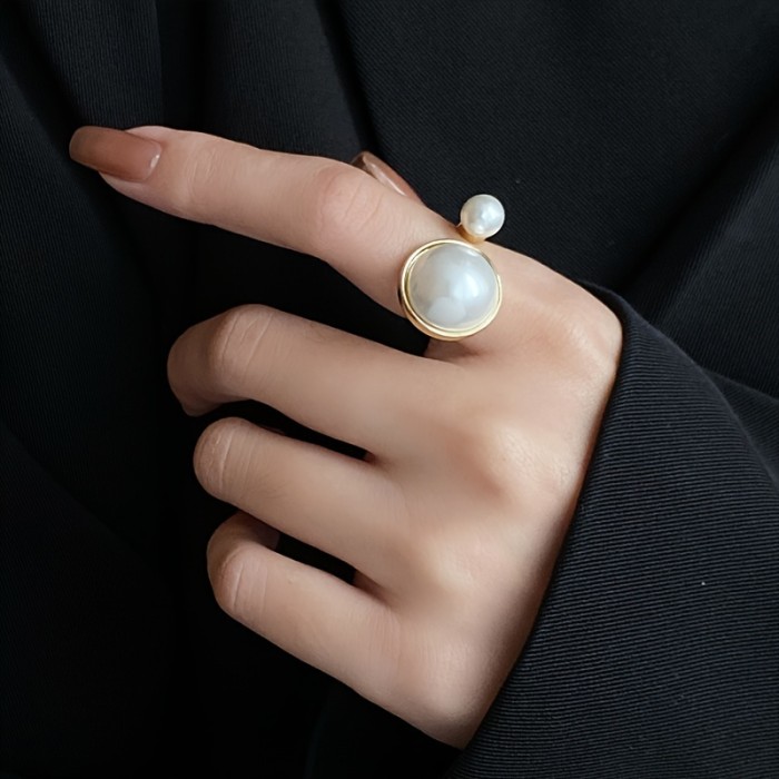 Elegant Vintage-Inspired 14K Gold Plated Adjustable Faux Pearl Ring, Round Statement Jewelry For Women Summer Daily