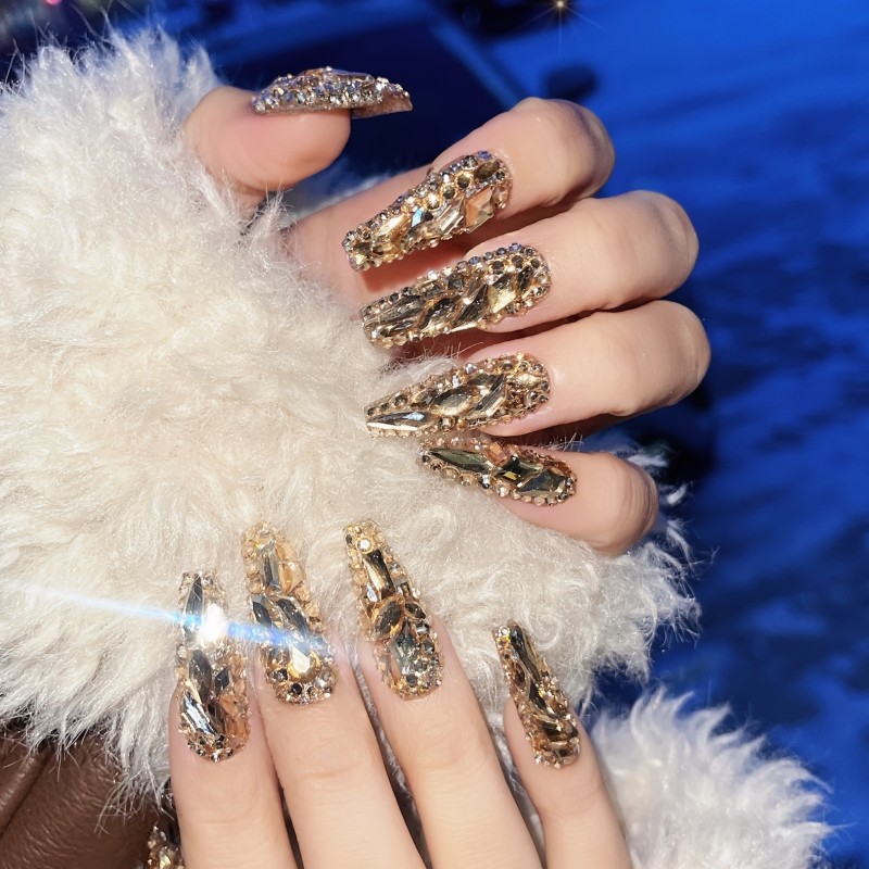 Long Ballet Press On Nails With Rhinestones, Luxury Fake Nails,Full Cover False Nails For Women And Girls