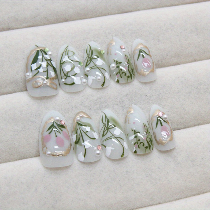 24pcs Floral Gradient Press-On Nails, Mixed Green Tones, Long Coffin Shape, Glossy Finish with Rhinestones, Removable 3D Nail Art Set