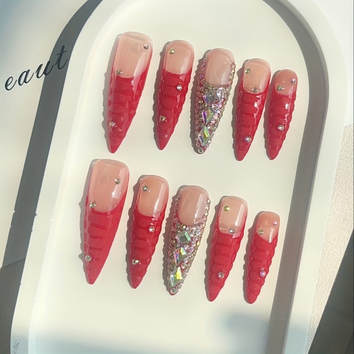 10Pcs Handmade Press On Nails Kit Long Stiletto Red Bling Glitter Glistening Iridescent Luxurious Rhinestone Decor Japanese Style Modern Elegant Minimalist Korea Style Fresh Design Chic French Style Neutral Classical Cute
