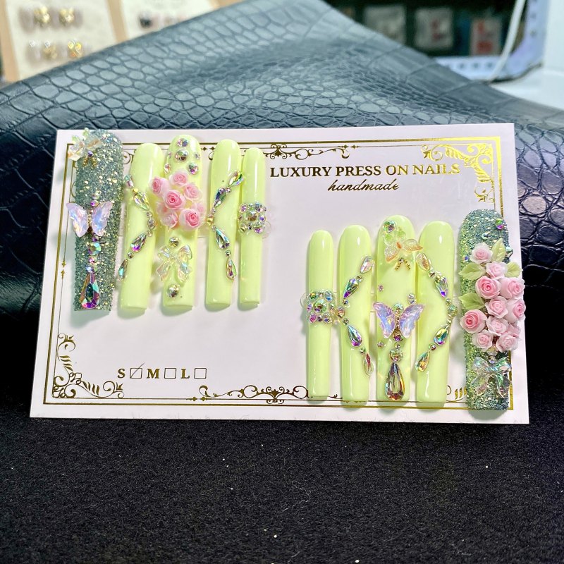 10 Pcs\u002F1 Pair Luxury Press on Nails - Glossy Ballet Long Nail Forms with Floral Patterns, Sparkling Diamonds & Roses, Mixed Color High-Quality Handmade Nail Set for Women, Party Decorations & Exquisite Manicure