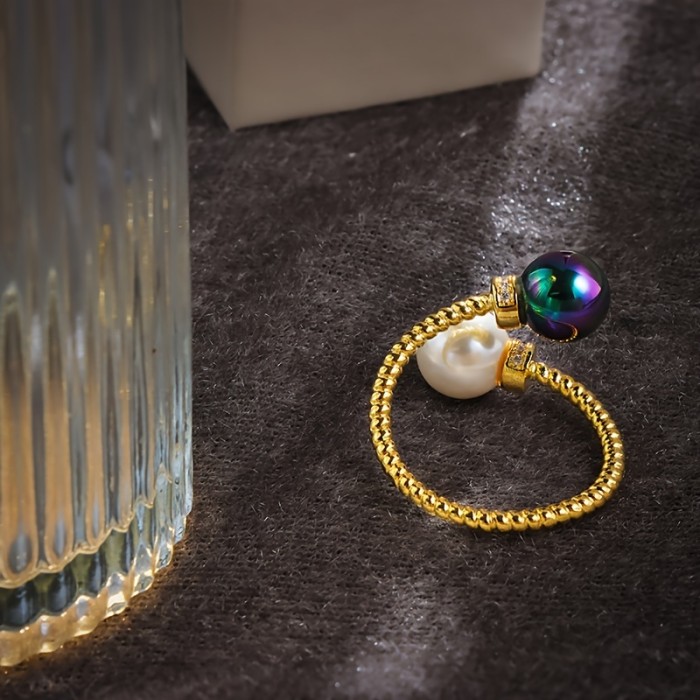 Elegant Vintage Cuff Ring for Women | Synthetic Double-Hued Imitation Pearl | Copper Twisted Cuff Design | Versatile High-End Fashion Accessory | Ideal for Valentine's Day & All-Season Gifting | No Power Supply Required - 1 Piece