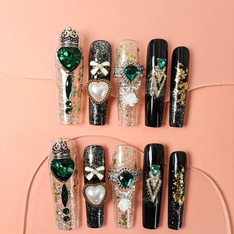 Luxe Handcrafted Press-On Nails Set - 10pcs Ultra-Long Ballerina Shape With Sparkling Rhinestones, Pearls & Floral Designs | Easy Apply & Reusable For Women And Girls