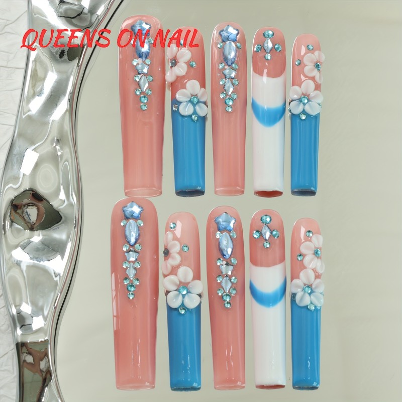 10pcs Handmade Press-On Nails Set - Extra Long Ballet Shape with Rhinestones & Floral Design, Includes Glue & File - Perfect for Parties, Music Festivals & Everyday Glam