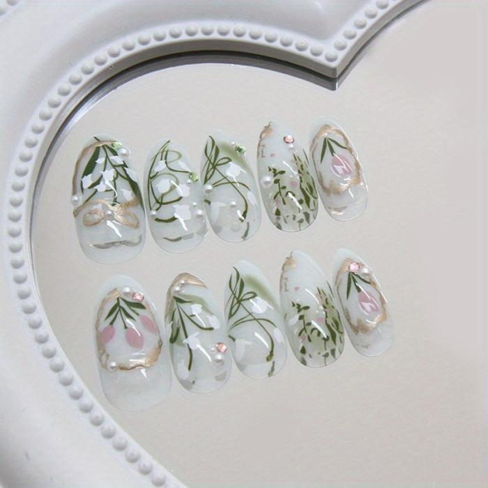 24pcs Floral Gradient Press-On Nails, Mixed Green Tones, Long Coffin Shape, Glossy Finish with Rhinestones, Removable 3D Nail Art Set