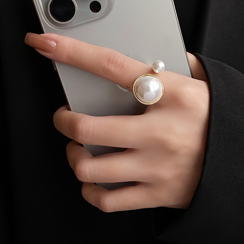 Elegant Vintage-Inspired 14K Gold Plated Adjustable Faux Pearl Ring, Round Statement Jewelry For Women Summer Daily