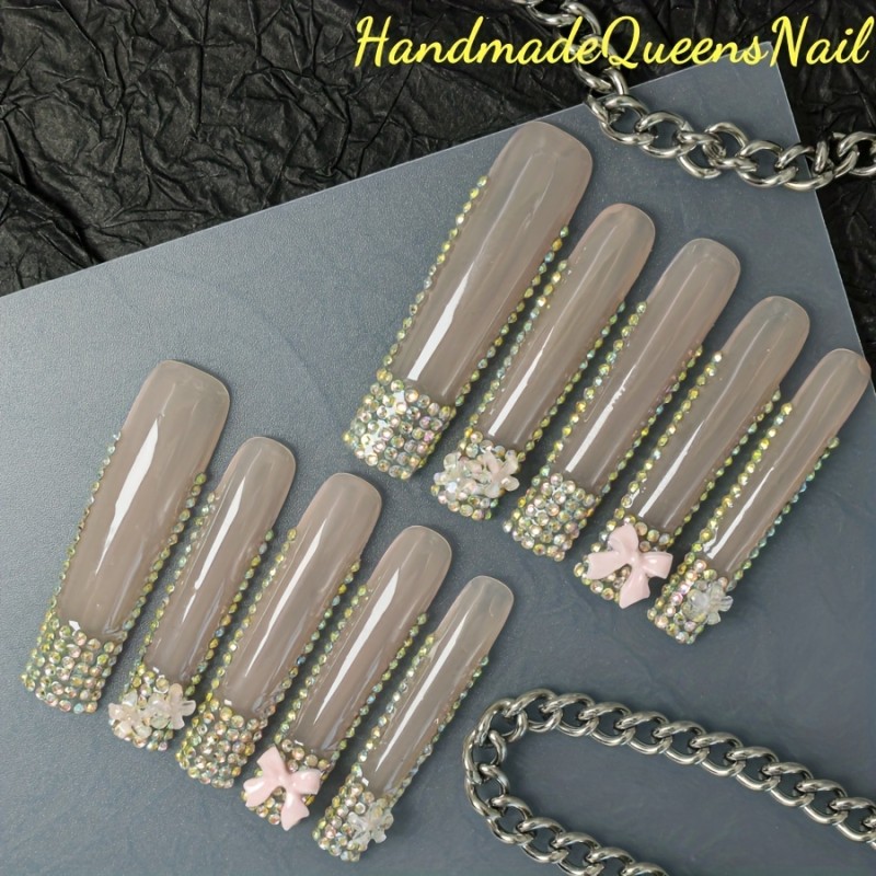 10-Piece Handmade Press-On Nail Set with Rhinestones, Super Long Ballet Shape, Flower Glitter Design, Glossy Finish, Reusable Full Coverage Nail Art with Diamond Bowknot, Nail File Included, Gift for Girls
