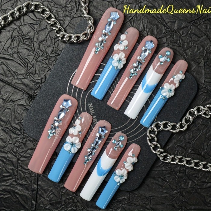 10pcs Handcrafted Ballerina Press-On Nails Set - Extra Long, 3D Floral & Gemstone Designs with Rhinestones, Full Coverage, Reusable False Nails for Women