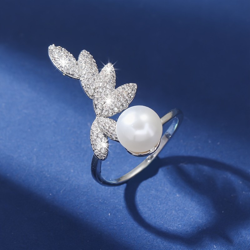 Elegant Adjustable Leaf & Faux Pearl Ring - Vintage Boho Chic, Cubic Zirconia Accents, Copper with Sparkling Stones, Perfect for Parties & Vacations - Women's Fashion Accessory