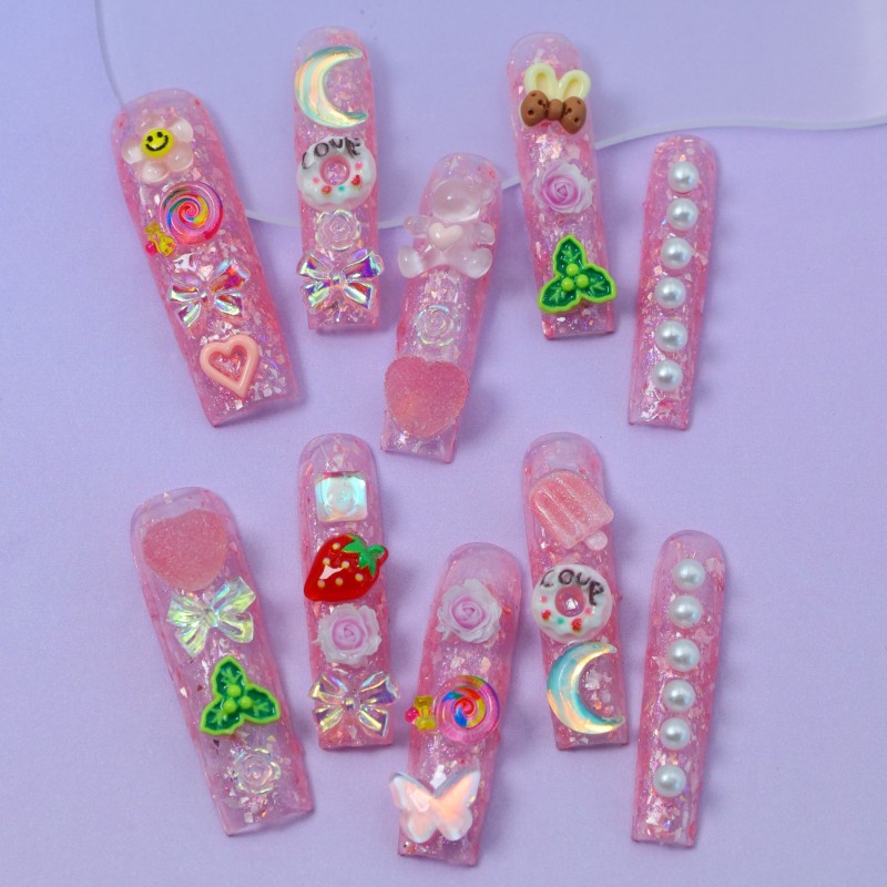 10pcs Super Long Ballet Press-On Nails with 3D Plant & Flower Charms, Glossy Mixed Color Fake Nails with Rhinestones, Pearls & Nail Stickers - Perfect for Parties, Music Festivals & Daily Wear