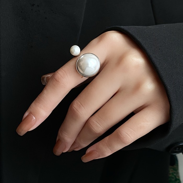 Elegant Vintage-Inspired 14K Gold Plated Adjustable Faux Pearl Ring, Round Statement Jewelry For Women Summer Daily