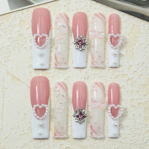 10pcs Handmade Coffin Press-On Nails Set - Pink & White, Extra Long Ballerina Fake Nails with 3D Rose Flowers, Pearl Hearts & Rhinestones - Glossy Finish for Everyday & Party Wear