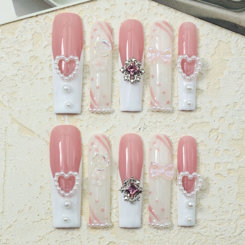 10pcs Handmade Coffin Press-On Nails Set - Pink & White, Extra Long Ballerina Fake Nails with 3D Rose Flowers, Pearl Hearts & Rhinestones - Glossy Finish for Everyday & Party Wear