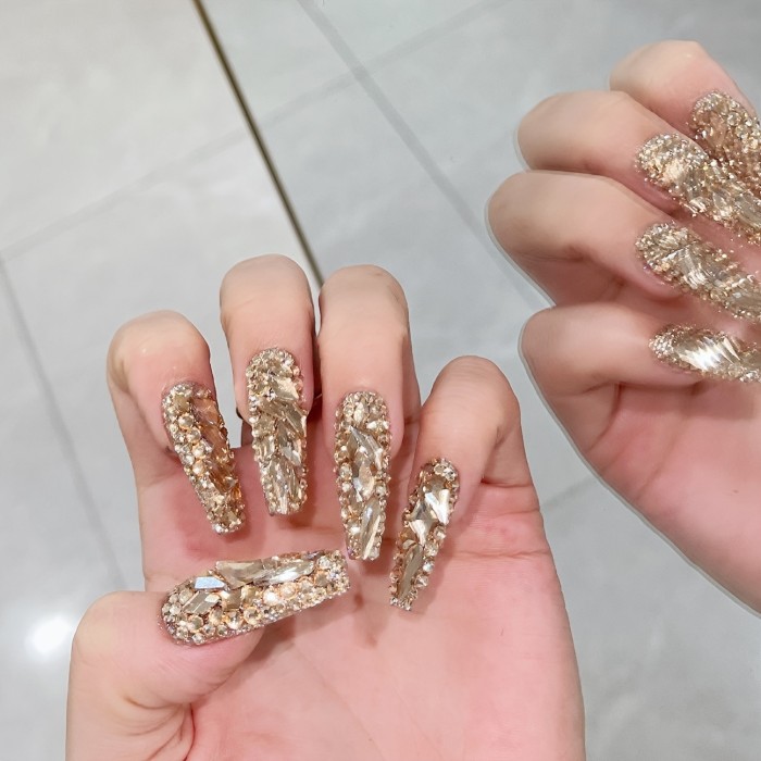Long Ballet Press On Nails With Rhinestones, Luxury Fake Nails,Full Cover False Nails For Women And Girls