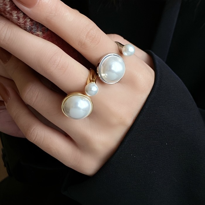 Elegant Vintage-Inspired 14K Gold Plated Adjustable Faux Pearl Ring, Round Statement Jewelry For Women Summer Daily