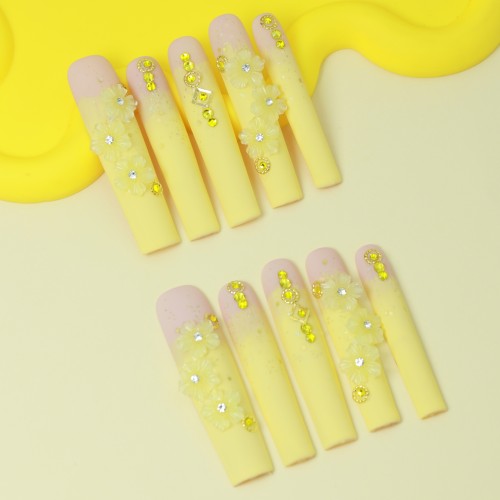 10pcs Handmade French Long Square Press-On Nails Set - Glossy Yellow with Rhinestones & Floral Design, Reusable Matte Finish Fake Nails for Everyday & Party Wear