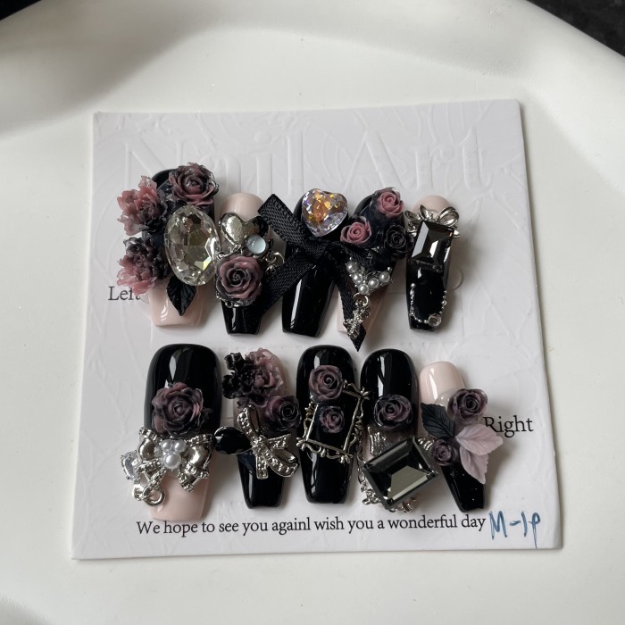10pcs Luxury Handmade Press-On Nails Set - Black & Pink, Long Ballet Shape with 3D Butterfly & Flower Designs, Glossy Finish - Perfect for Parties & Everyday Elegance