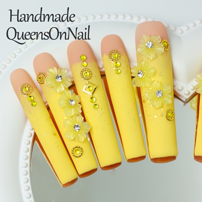 10pcs Handmade French Long Square Press-On Nails Set - Glossy Yellow with Rhinestones & Floral Design, Reusable Matte Finish Fake Nails for Everyday & Party Wear