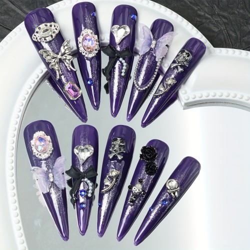 10pcs Handmade Purple Glossy Press-On Nails Set - Extra Long Stiletto with Rhinestones & Floral Design, Reusable Fake Nails for Everyday & Halloween Parties