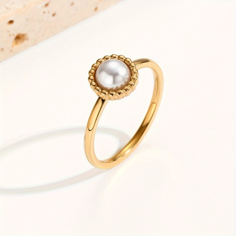 Elegant French Vintage Style Pearl Pattern Stainless Steel Women's Ring, 14K Golden Plated, Faux Pearl Inlay, Daily Wear Fashion Accessory
