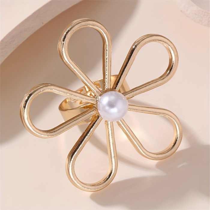 Elegant Faux Pearl & Leaf Hollow Flower Ring - Starfish Charm, Vintage-Inspired Alloy Statement Piece for Women - Perfect for Parties & Gifts