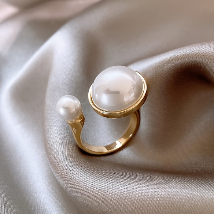Elegant Vintage-Inspired 14K Gold Plated Adjustable Faux Pearl Ring, Round Statement Jewelry For Women Summer Daily
