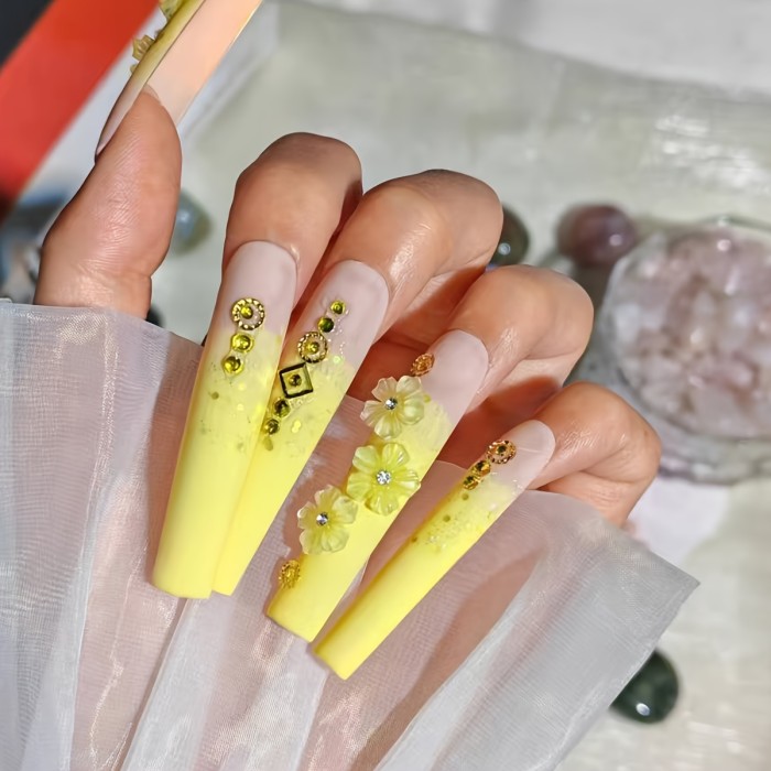 10pcs Handmade French Long Square Press-On Nails Set - Glossy Yellow with Rhinestones & Floral Design, Reusable Matte Finish Fake Nails for Everyday & Party Wear