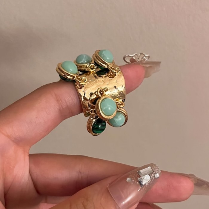 Elegant Boho-Style 14K Gold Plated Ring Set with Assorted Glass Gemstones, Copper Base, Versatile for Daily Wear and Parties - Pack of 1