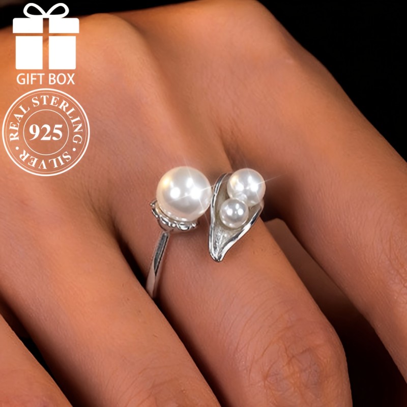 Vintage Elegant Leaf Design 925 Sterling Silver Plated Adjustable Ring with Imitation Pearls - Sophisticated Women's Open Band Ring for Daily Wear, Gift-Giving with Gift Box