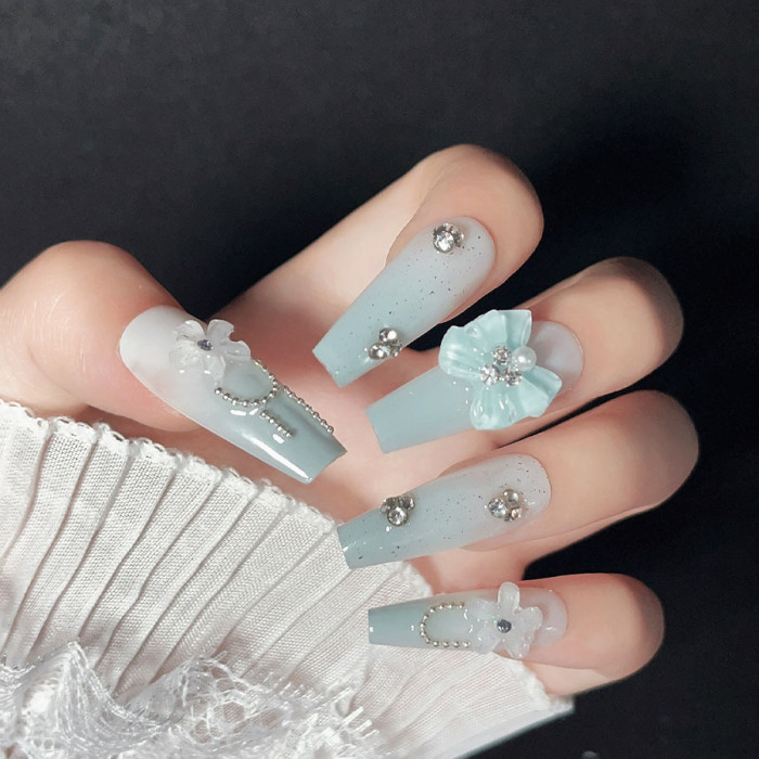 10pcs Handcrafted Blue Gradient Press-On Nails Set - Long Ballerina, Glossy Finish With 3D Floral & Rhinestone Accents, Includes Jelly Adhesive & Nail File For Easy Application - Perfect For Parties, Dances & Everyday Elegance