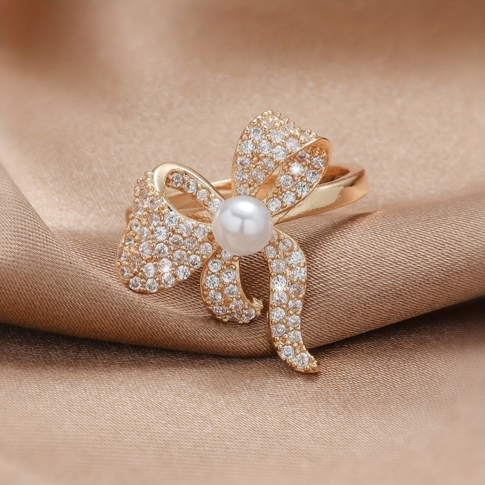 Elegant Vintage Butterfly Bow Ring with Imitation Pearl and 18K Golden Plated Copper, Synthetic Cubic Zirconia Pave Set, Versatile Fashion Statement Jewelry for Women, Ideal for Mardi Gras and Banquets