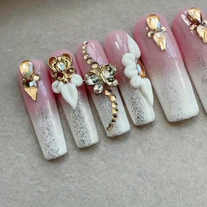 Luxurious 3D Floral Press-On Nails with Sparkling Rhinestones - Set of 10 for Full Coverage - Perfect for Special Occasions - Long, Square Shape - Nude and Pink Hues - Shiny Finish