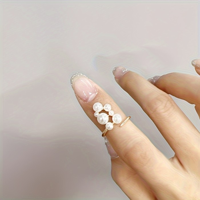 Elegant Vintage Adjustable Cuff Ring for Women, 14K Golden Plated Copper, Imitation Pearl Embellished, Versatile for Daily Wear and Parties