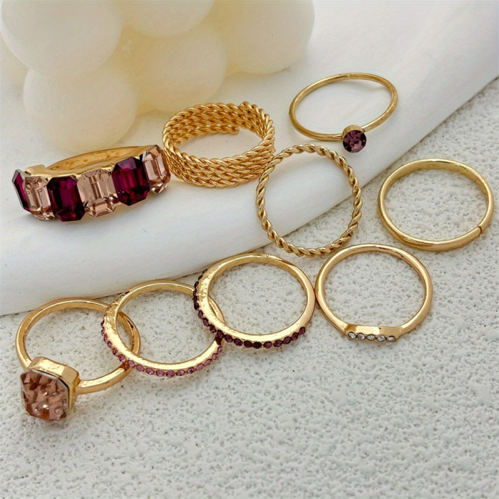 Elegant 9-Piece Fashion Ring Set for Women, Valentine's Gift, Zinc Alloy with 18K Golden Plating, Ring Sizes 16-18mm, Versatile Jewelry for Daily Wear, Parties & Weddings