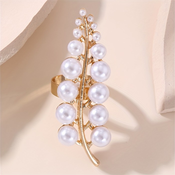 Elegant Faux Pearl & Leaf Hollow Flower Ring - Starfish Charm, Vintage-Inspired Alloy Statement Piece for Women - Perfect for Parties & Gifts