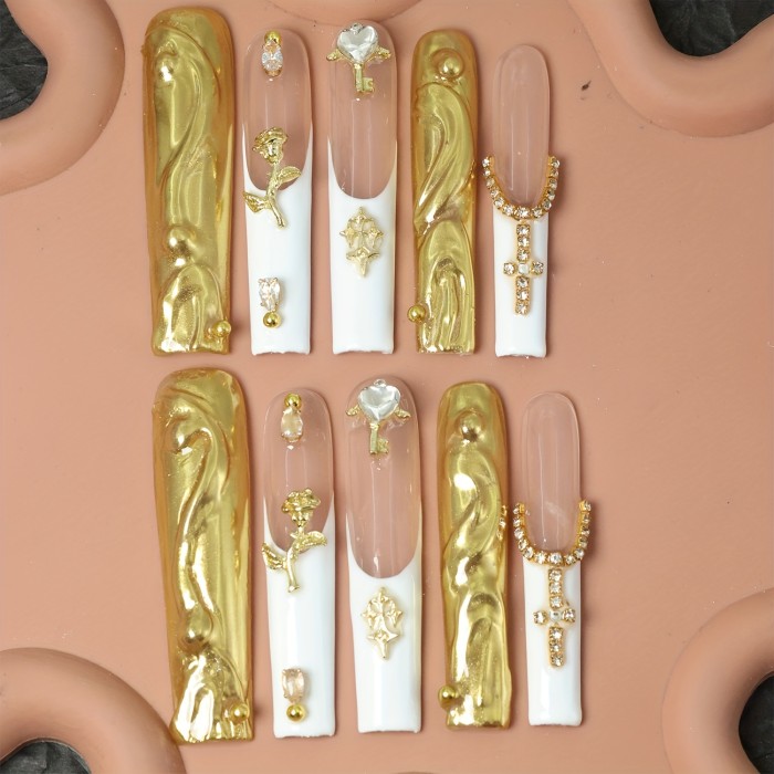10pcs Super Long Square Press-On Nails with Pearlescent Golden Finish, 3D Flower Embellishments and Rhinestone Accents - Handmade False Nail Set for Weddings, Parties, and Special Occasions