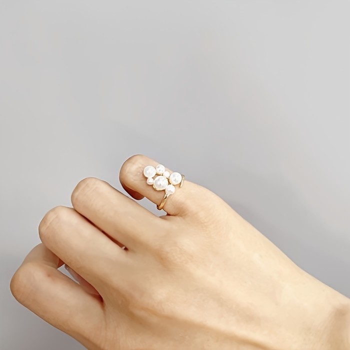 Elegant Vintage Adjustable Cuff Ring for Women, 14K Golden Plated Copper, Imitation Pearl Embellished, Versatile for Daily Wear and Parties