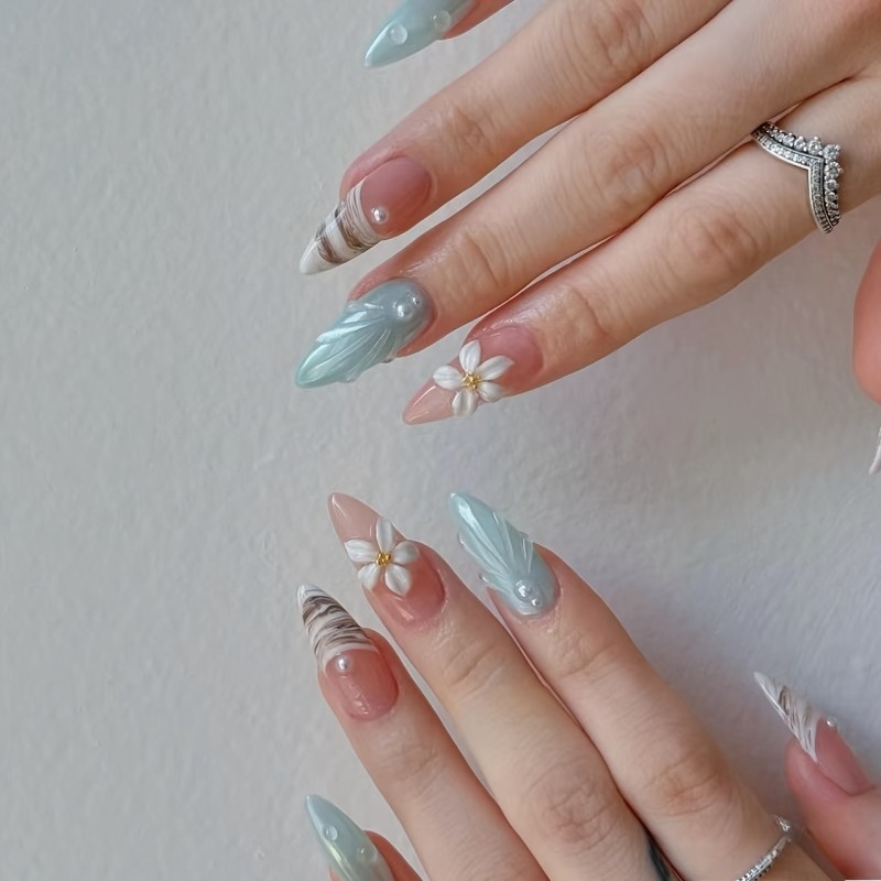 24pcs 3D Full Cover Press-On Nails, Mixed Color, Almond Shape, Long Length, Floral & Gradient Pattern, Glossy Finish, with Rhinestones, Fake Nail Tips for Manicure