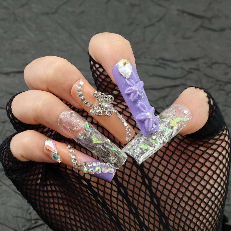 10pcs Handmade Press-On Nails Set - Extra Long Ballet Style With Rhinestones, Butterfly & Floral Designs, Includes Glue, File & Gel Polish - Perfect For Parties, Music Festivals & Everyday Elegance
