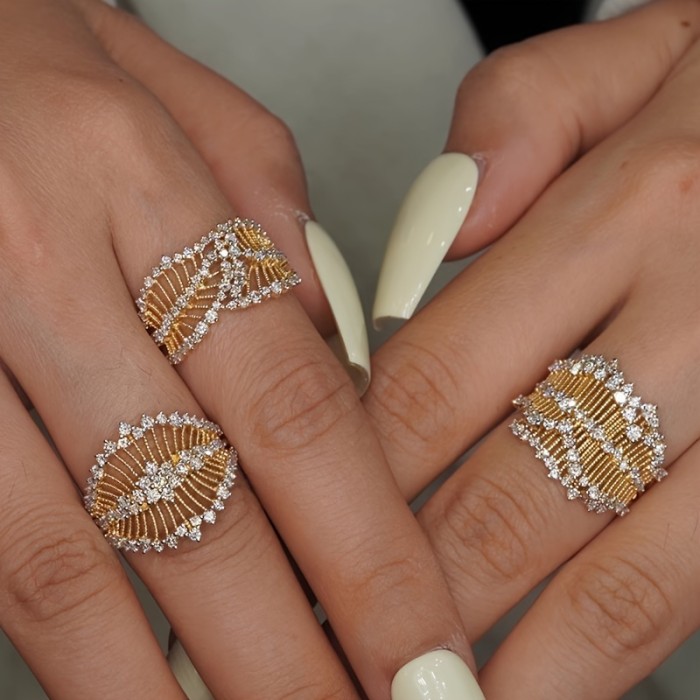 Vintage Elegant Wide Band Ring for Women, 18K Golden Plated Copper with Synthetic zirconia Stones, Hollow-Out Court Style, for Daily And Party Occasions