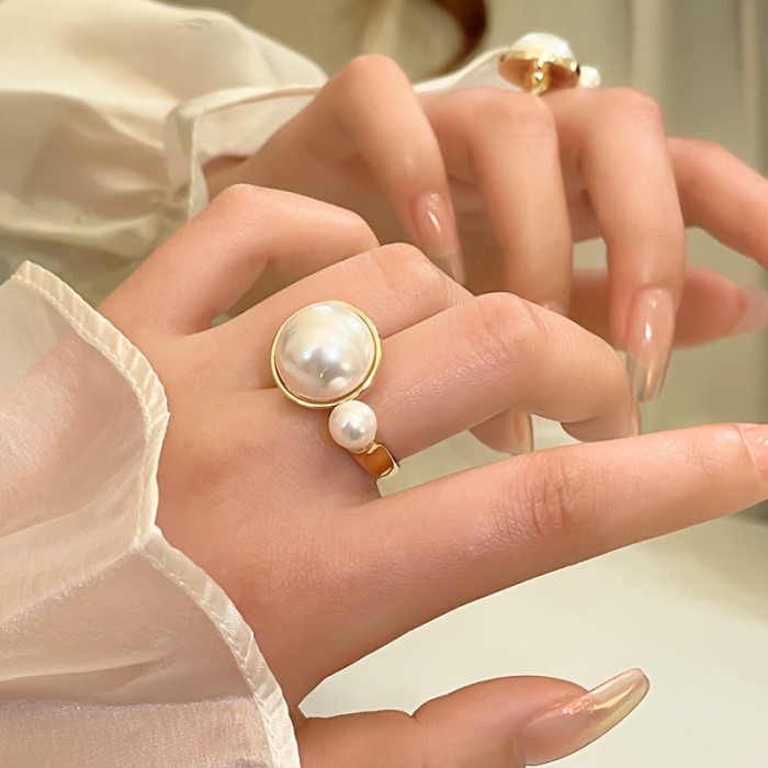 Elegant Vintage-Inspired 14K Gold Plated Adjustable Faux Pearl Ring, Round Statement Jewelry For Women Summer Daily