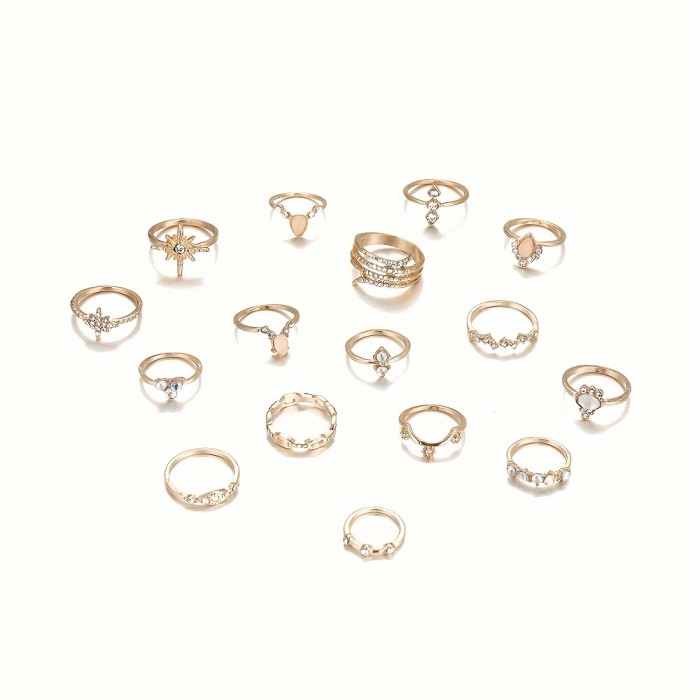 16pcs Bohemian Style Rings Set, 14K Golden Plated, Faux Crystal, Alloy, Fashion Stackable Rings for Women, Versatile for Daily Wear and Parties, All-Season Accessory