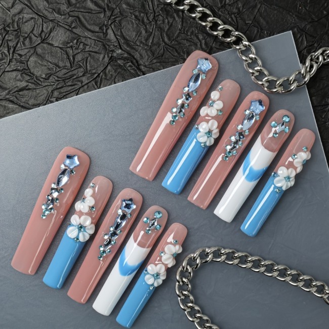 10pcs Handcrafted Ballerina Press-On Nails Set - Extra Long, 3D Floral & Gemstone Designs with Rhinestones, Full Coverage, Reusable False Nails for Women