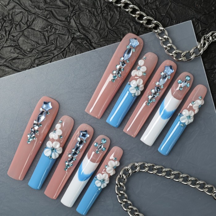 10pcs Handcrafted Ballerina Press-On Nails Set - Extra Long, 3D Floral & Gemstone Designs with Rhinestones, Full Coverage, Reusable False Nails for Women