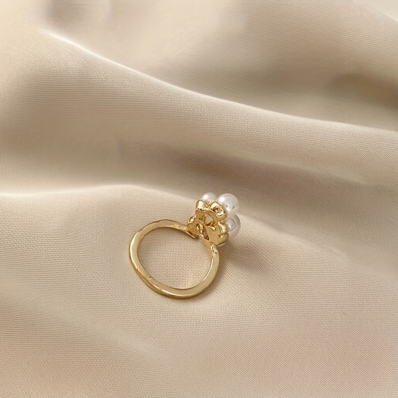 Elegant Vintage Adjustable Cuff Ring for Women, 14K Golden Plated Copper, Imitation Pearl Embellished, Versatile for Daily Wear and Parties