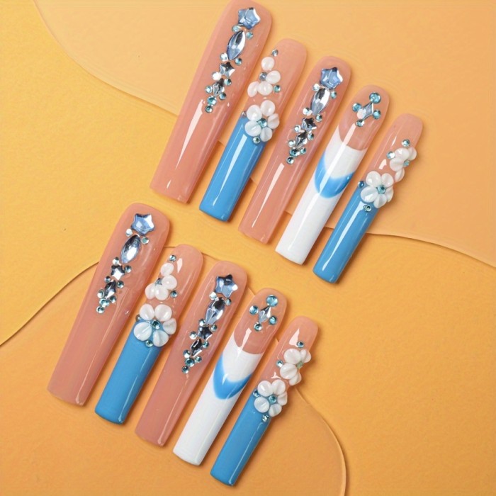 10pcs Handcrafted Ballerina Press-On Nails Set - Extra Long, 3D Floral & Gemstone Designs with Rhinestones, Full Coverage, Reusable False Nails for Women