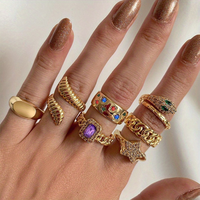 7pcs Sparkling 18k Gold Plated Stacking Rings with Snake, Chain, Star, and Signet Designs - Perfect for Daily Outfits and Party Decor, Paved with Shining zirconia