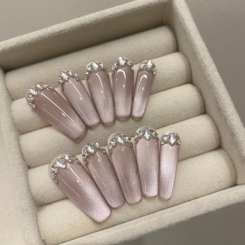 10 Pieces of High-Quality, Handcrafted, Long Stiletto Nail Tips with Sparkling Rhinestones in Pink Hues - Perfect for a Glamorous Look!