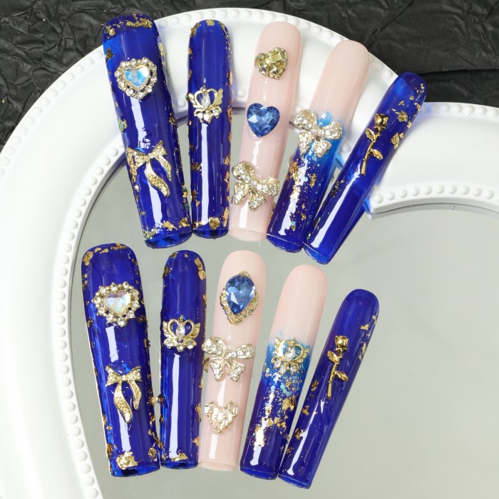 10pcs Handmade Extra Long Square Press-On Nails Set - Glossy Blue Gradient with Rhinestones & Flowers, Reusable Fake Nails for Everyday Elegance